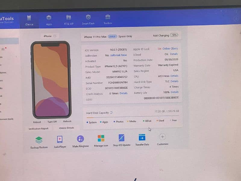 11pro max 256 GB  no open no work in phone report 3 u tool ki hai chek 5