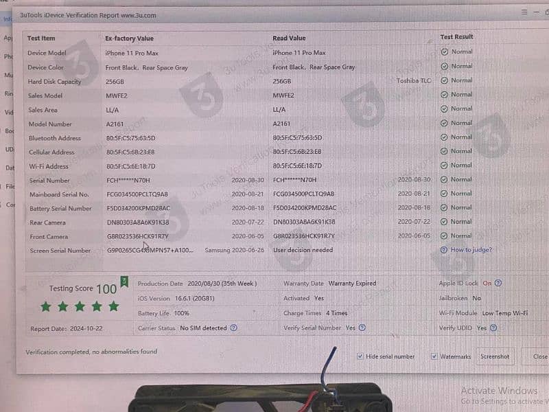 11pro max 256 GB  no open no work in phone report 3 u tool ki hai chek 6