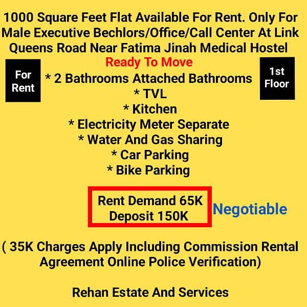 1000 Sq Ft Flat For Rent For Male Bechlors/Office at Queens Road LHR 0