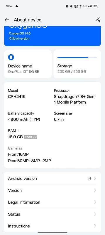 ONE PLUS 10T SE 16+12GB 256GB 0