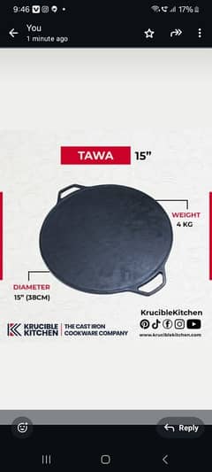 Tawa 15 inch (38 cm) classic,cast iron krucible kitchen seasoned