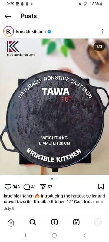 Tawa 15 inch (38 cm) classic,cast iron krucible kitchen seasoned 1