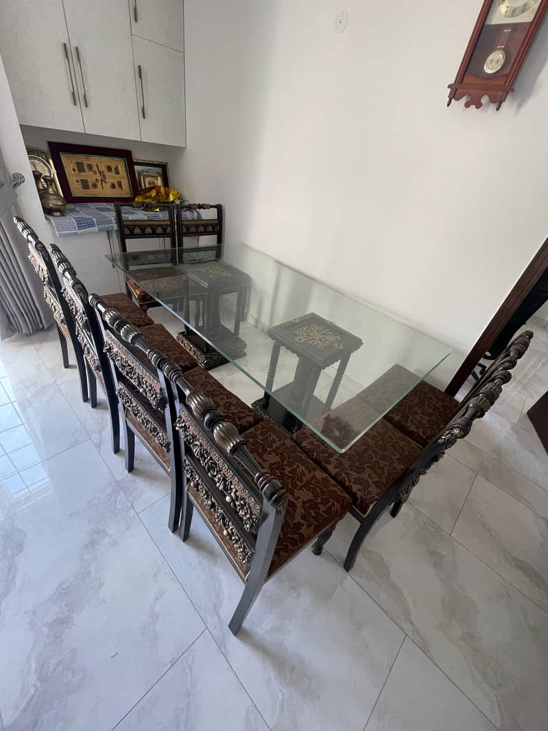 Modern Chinioti Dining Table Like New with 8 Chairs, Glass Top 0