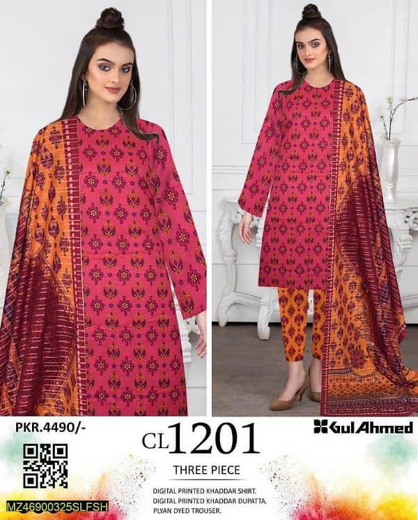 3Pcs women's Unstitched khaddar Printed Suit 0