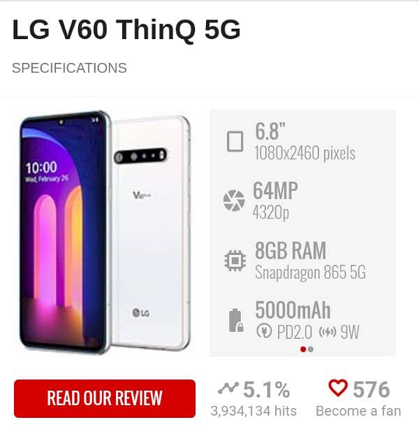 Gaming Phone LG V60 5G 8GB Ram 128 Storage Phone 90+ FPS 9