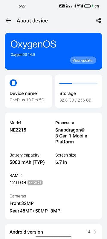 One+ 10 pro Pta Approved 12+12 ram. 256 gb with box and charger 6