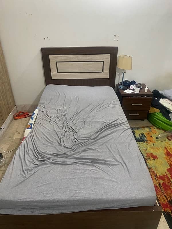 Single Wooden Bed With Sidetable and mattress 0