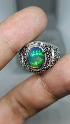 Natural Black Opal stone handmade hand engraved Partash artwork ring