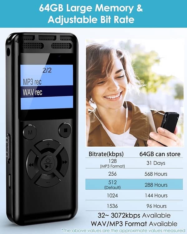 64GB Digital Voice Recorder, 1536kbps, Voice Activation 0