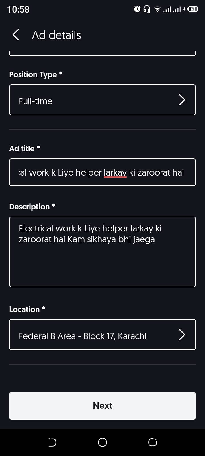 Electrical work k Liye helper larkay ki zaroorat hai 0