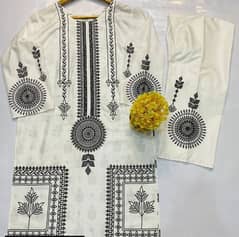 2 pcs  women's stitched linen block printed suit