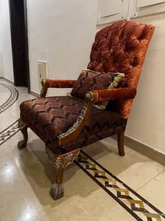 Orange Armchair with Cushion & wooden frame- sold as a Pair