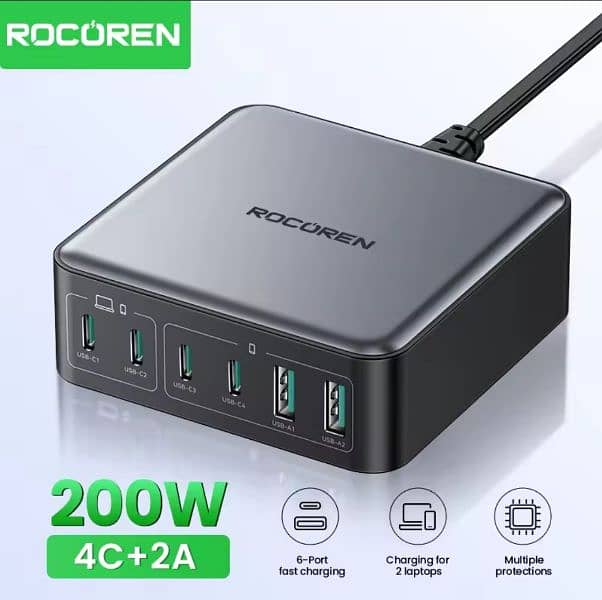 Rocoren 200W & 160W 6 ports GaN Fast Charger Desktop Charger Portable 0