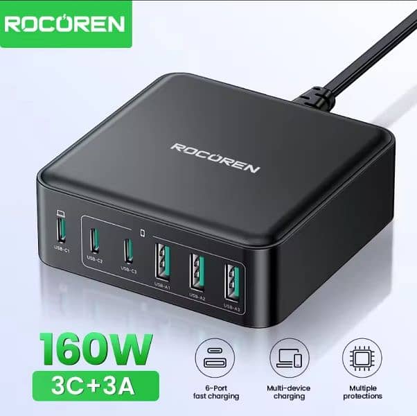 Rocoren 200W & 160W 6 ports GaN Fast Charger Desktop Charger Portable 1