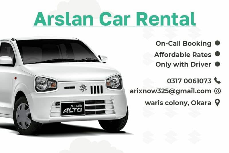 Alto for rent with driver only in okara on resonable price 0