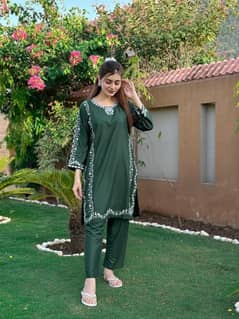 Stylish Women's Stitched Linen Embroidered Shirt and Trouser Set - 2 P