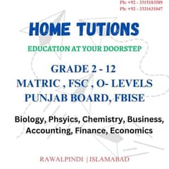 Home Tutor | Science & Commerce | Matric, Fsc, O-levels | RWP & ISB