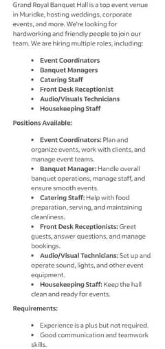 Professional Staff Required For Grand Royal Banquet Hall Muridke