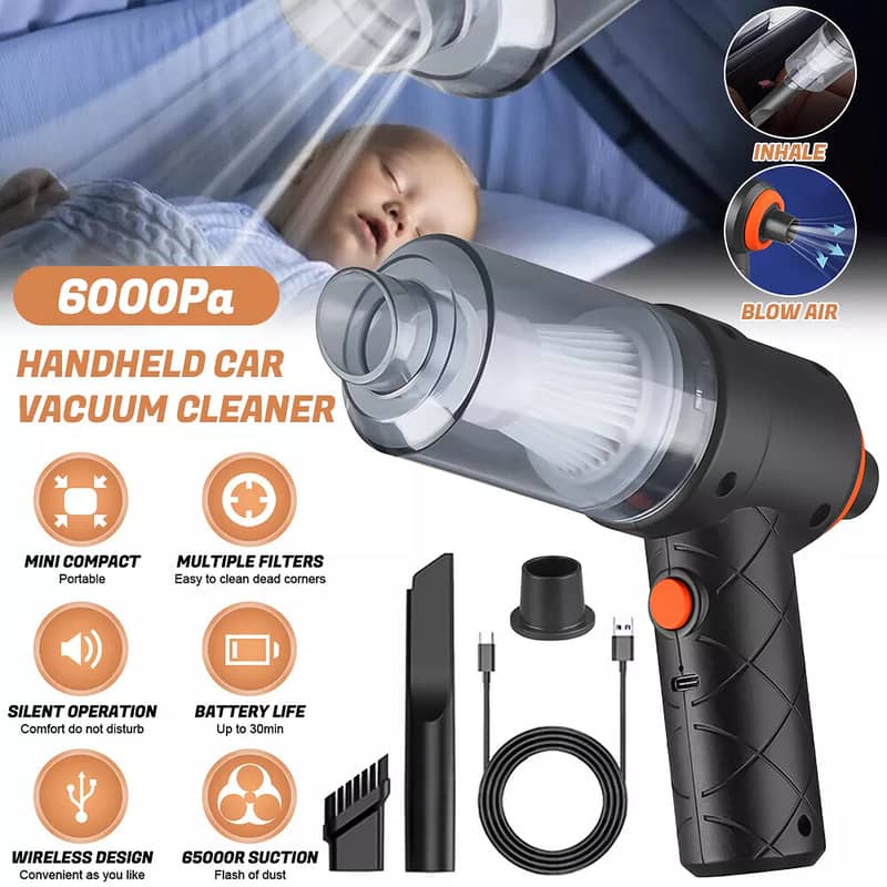 MINI PORTABLE WIRELESS VACUUM CLEANER + BLOWER for Car 0