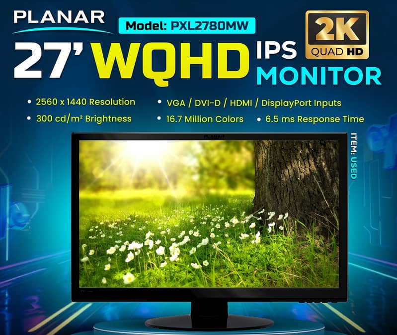 Planar LED 27" inch 2K resolution IPS Moniter HDMI, DVI, D-Port & VGA 0