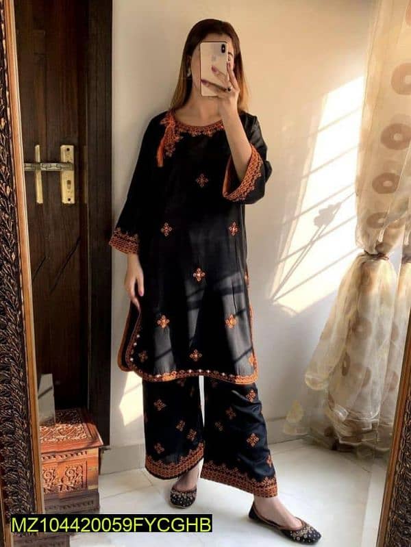 2pcs women stitched linen embroidered shirt and trouser for sale 1