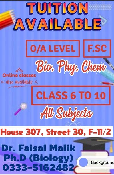 O/A level Biology Tutor (PhD) Available in F-11