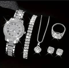 Artificial Diamond Set With Watch For Women's