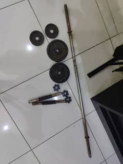 Home gym 12 kg metal iron weights + barbell rod + 2 dumbbell rods