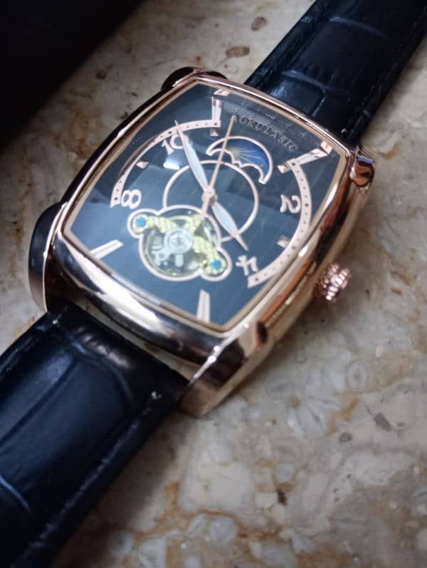 AOKULASIC Automatic Tourbillion Moon Phase Black Gold Leather Straps 0