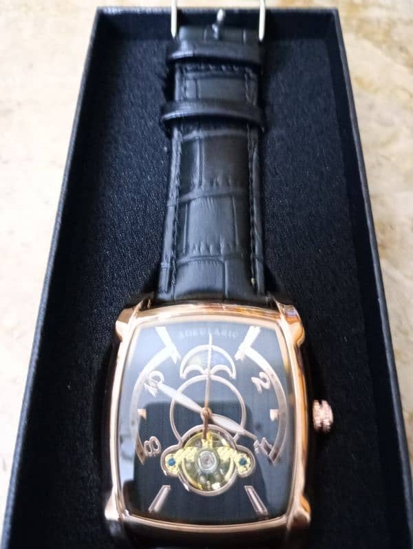 AOKULASIC Automatic Tourbillion Moon Phase Black Gold Leather Straps 3