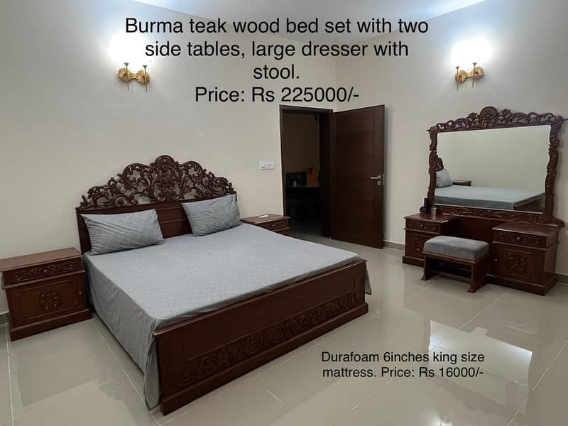 Burma Teak Wood Bedset with 2 Side-Tables, Large Dresser and Stool 0