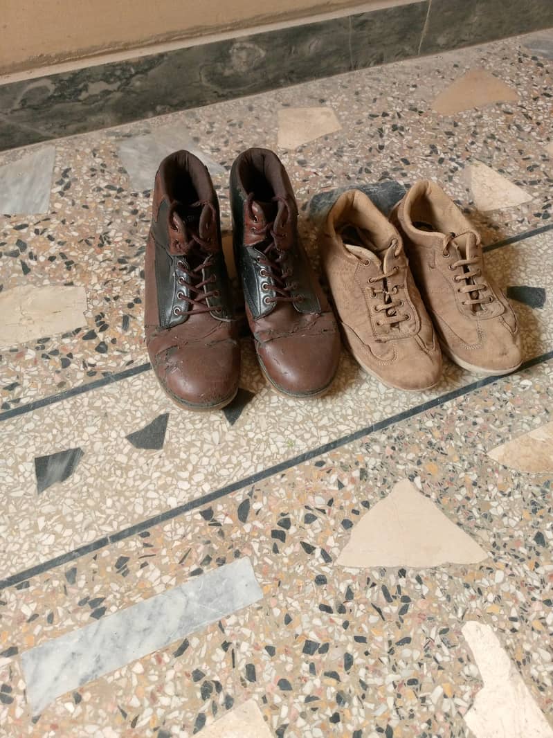 Brown color leather long shoes and one joggers for sale in Rawalpindi 2