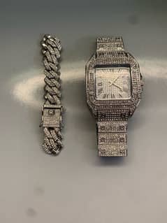 iced out Watch and Bracelet Silver colour