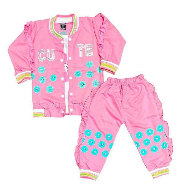 charming girls printed french Terry suit 3pcs shirt jacket and trouser 1