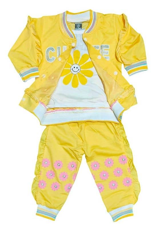 charming girls printed french Terry suit 3pcs shirt jacket and trouser 2