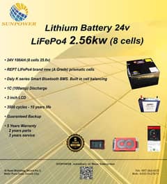 Lithium LiFePo4 Battery 24v 100ah (8 cells, 25.6v)