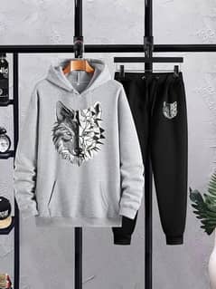 Men's Fleece Hoodie Track Suit - 2 Pcs Grey Printed Set, Wolf