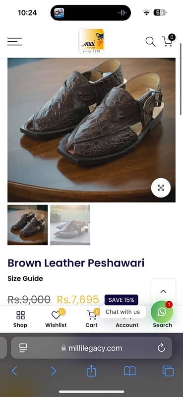 Brown Leather Peshawari Milli shoes kehri chapal size 9 6