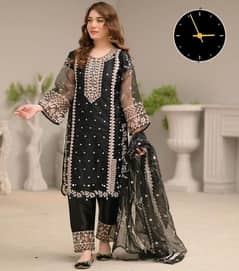 elegant women's stitched suit in black-3pc embroiderd organza