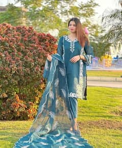 Elegant Blue Embroidered Organza Suit Set for Women