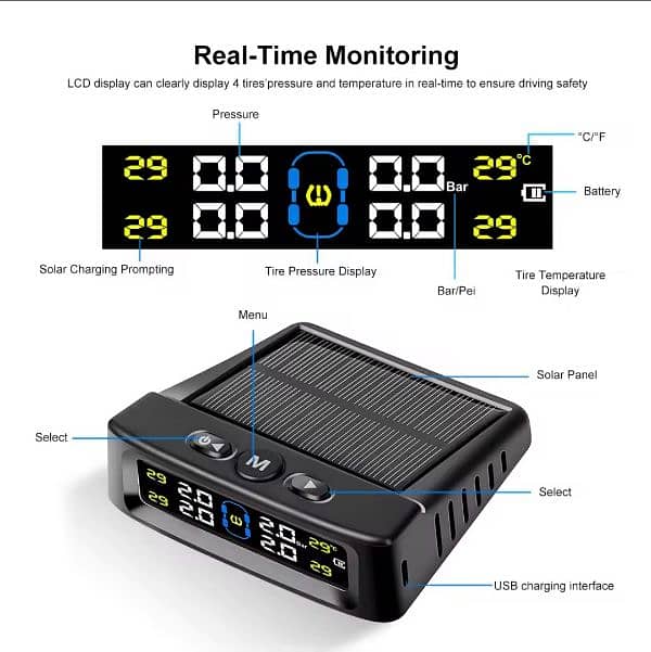 4 Sensors Car TPMS Tyre Pressure Monitoring System Solar Powere 6