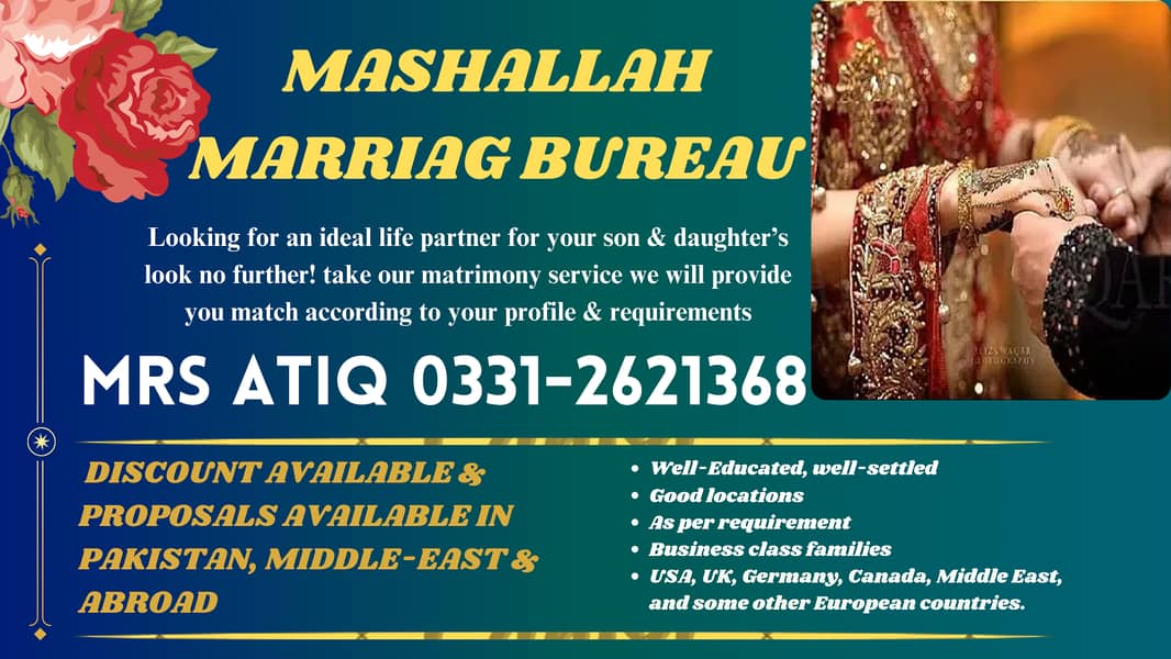 MARRIAGE BUREAU MATRIMONY RISHTA SERVICE (ABROAD PROPOSALS MATCH MAKER 0