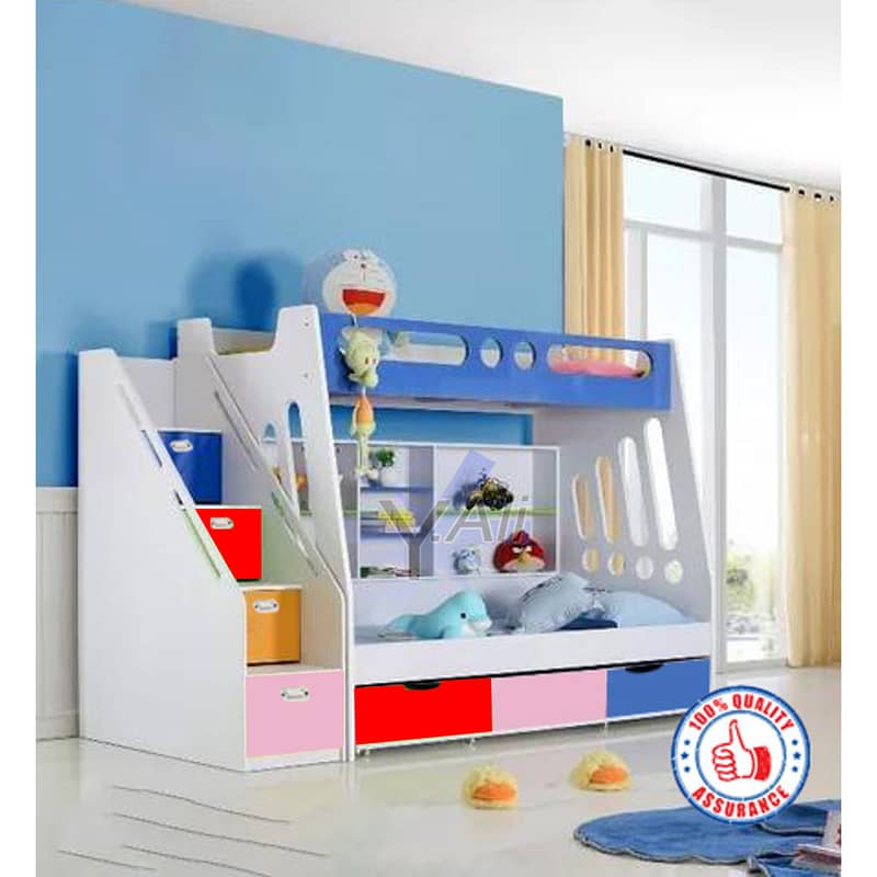 Multicolor Kids Bunk Bed with Slide, Shelves & Storage in Stairs 0