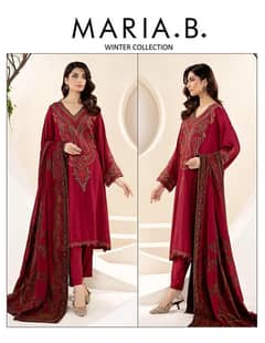 Style Maroon Printed Unstitched Suit-3 Pcs with Wool Dupatta for Wome