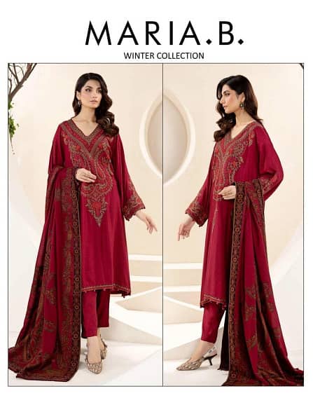 Style Maroon Printed Unstitched Suit-3 Pcs with Wool Dupatta for Wome 11