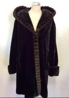 Black Faux Fur jacket with hood and FAUX mink trim gellery