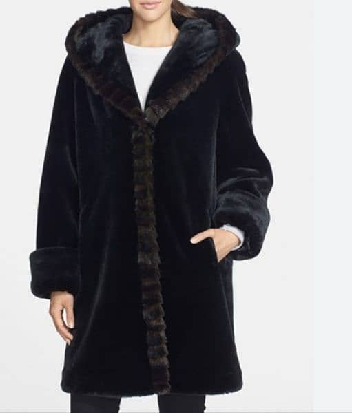 Black Faux Fur jacket with hood and FAUX mink trim gellery 5