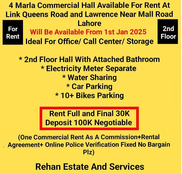 4Marla Commercial Hall Available For Rent At Link Queens/Lawrence Road 0