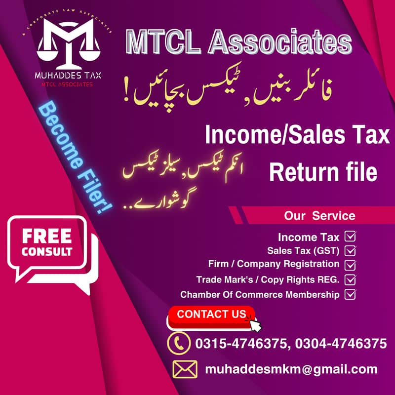 Income tax Return , Sales Tax, Become Active Filer  , Tax Consultant 1