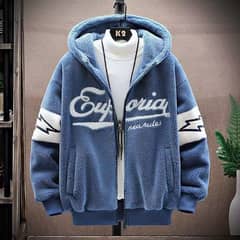 "Men's Stylish Blue Hooded Jacket - Premium Polyester Winter Hoodie"